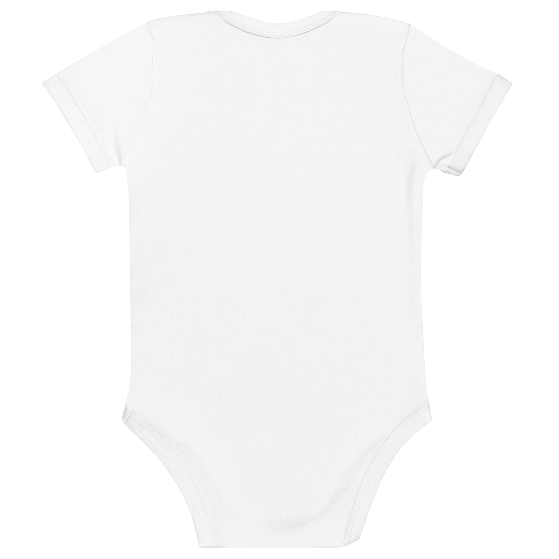 Organic cotton baby bodysuit with Ukrainian Tryzub logo, soft and eco-friendly design for comfortable and stylish wear.