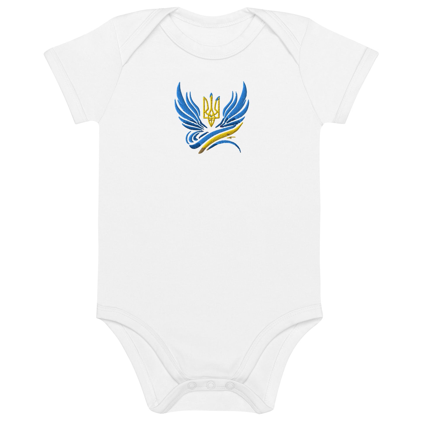 Organic cotton baby bodysuit with Ukrainian Tryzub logo in blue and yellow, symbolizing heritage and sustainability.