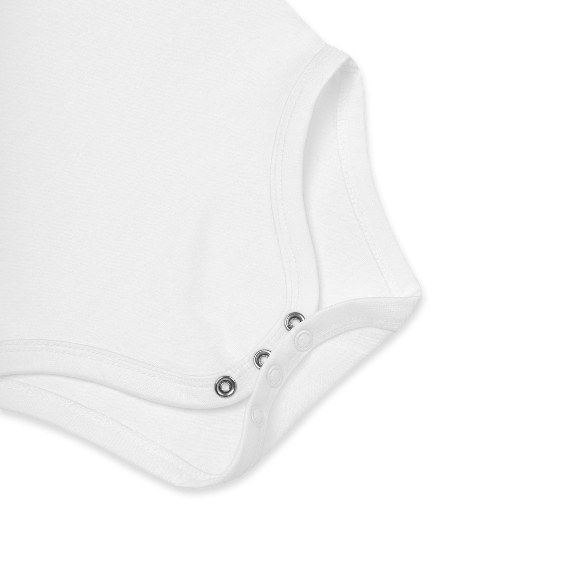 Close-up of organic cotton baby bodysuit with snap closure, highlighting softness and durability for comfortable wear.