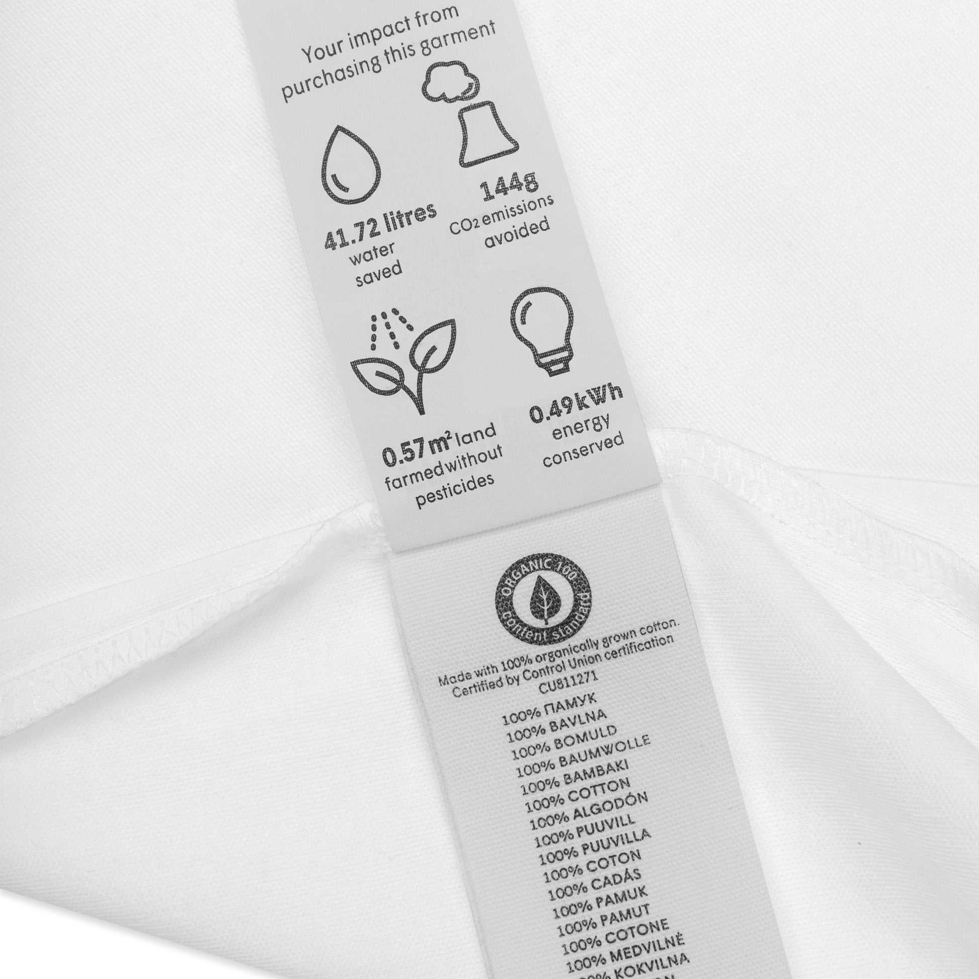 Eco-friendly garment tag showing water, CO2, and energy savings details for organic cotton fabric.