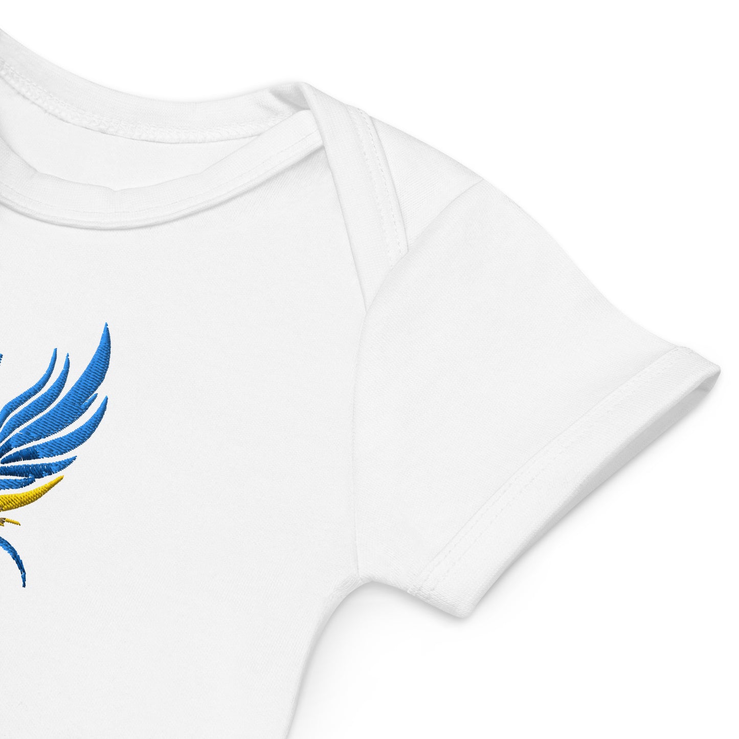 Organic cotton baby bodysuit with Ukrainian Tryzub logo, showcasing soft and eco-friendly fabric, perfect for active babies.