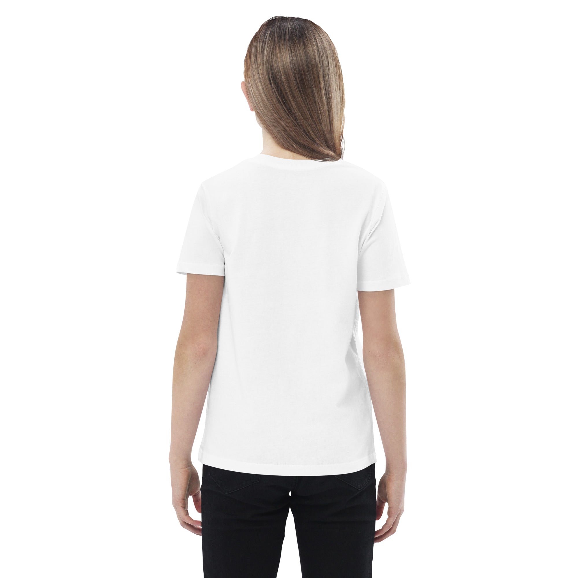 Child wearing a white organic cotton t-shirt, view from the back.