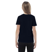 Child wearing a black organic cotton t-shirt featuring a Ukrainian flag design, shown from the back for a clear view of the fabric.