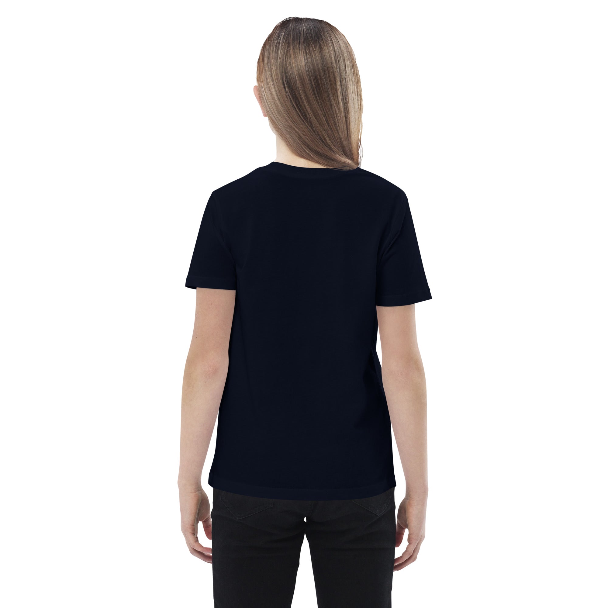 Child wearing a black organic cotton t-shirt featuring a Ukrainian flag design, shown from the back for a clear view of the fabric.