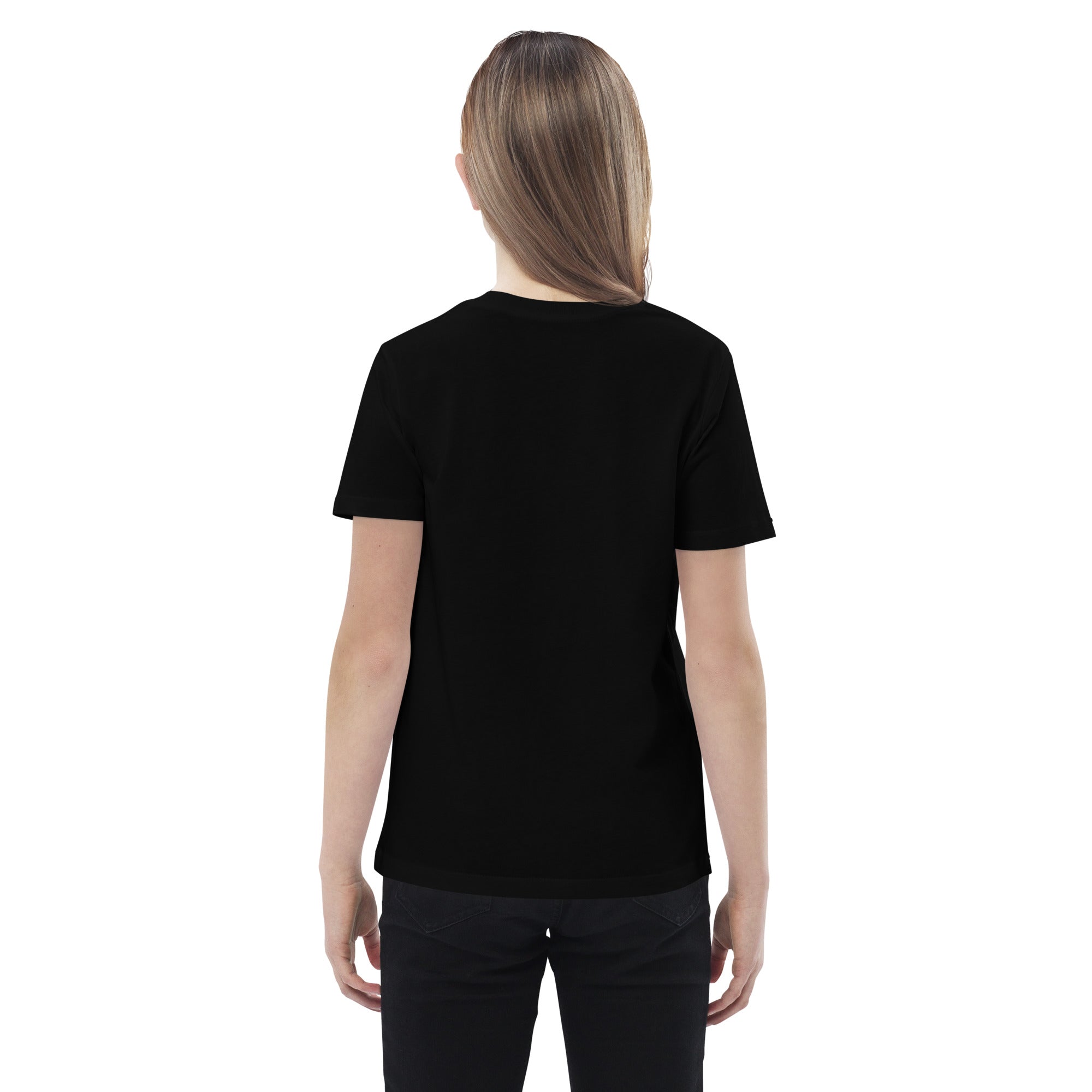 Child wearing black organic cotton t-shirt seen from the back.