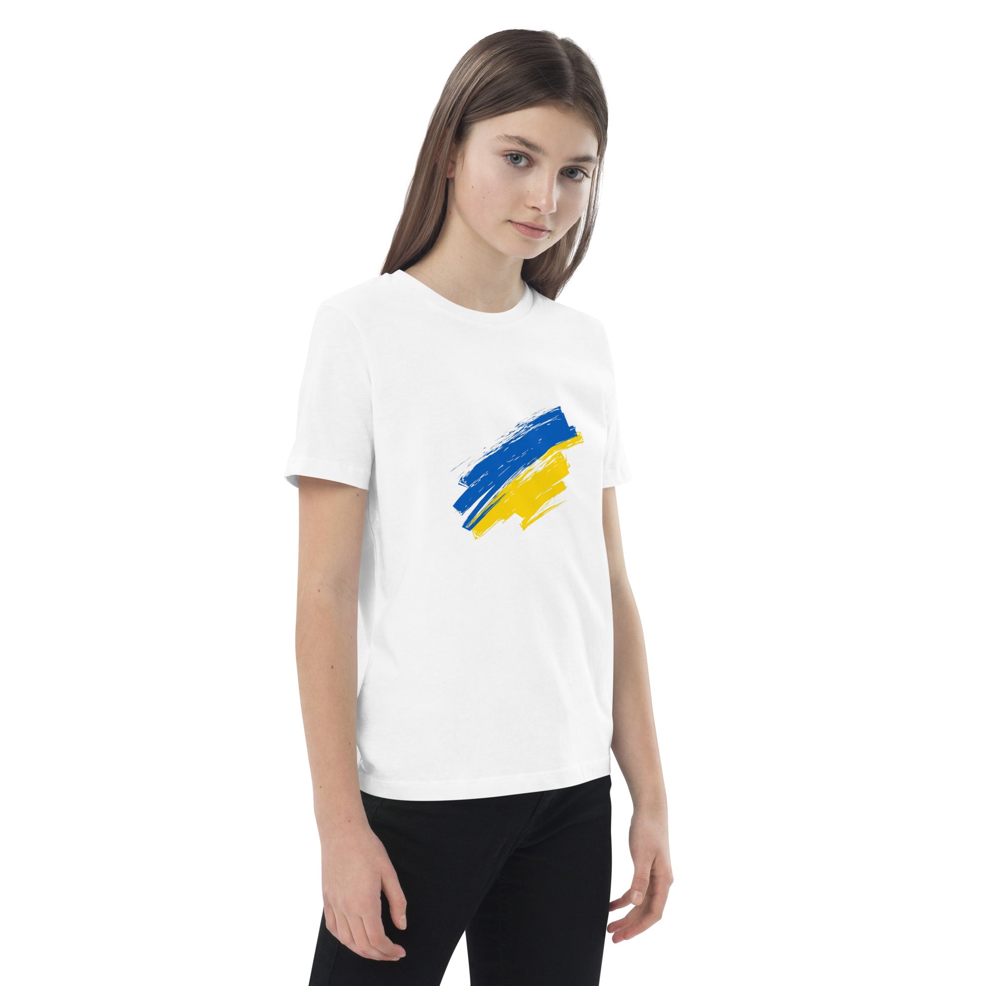 Organic cotton kids' t-shirt with Ukrainian flag design worn by child, promoting sustainability and Ukrainian pride.