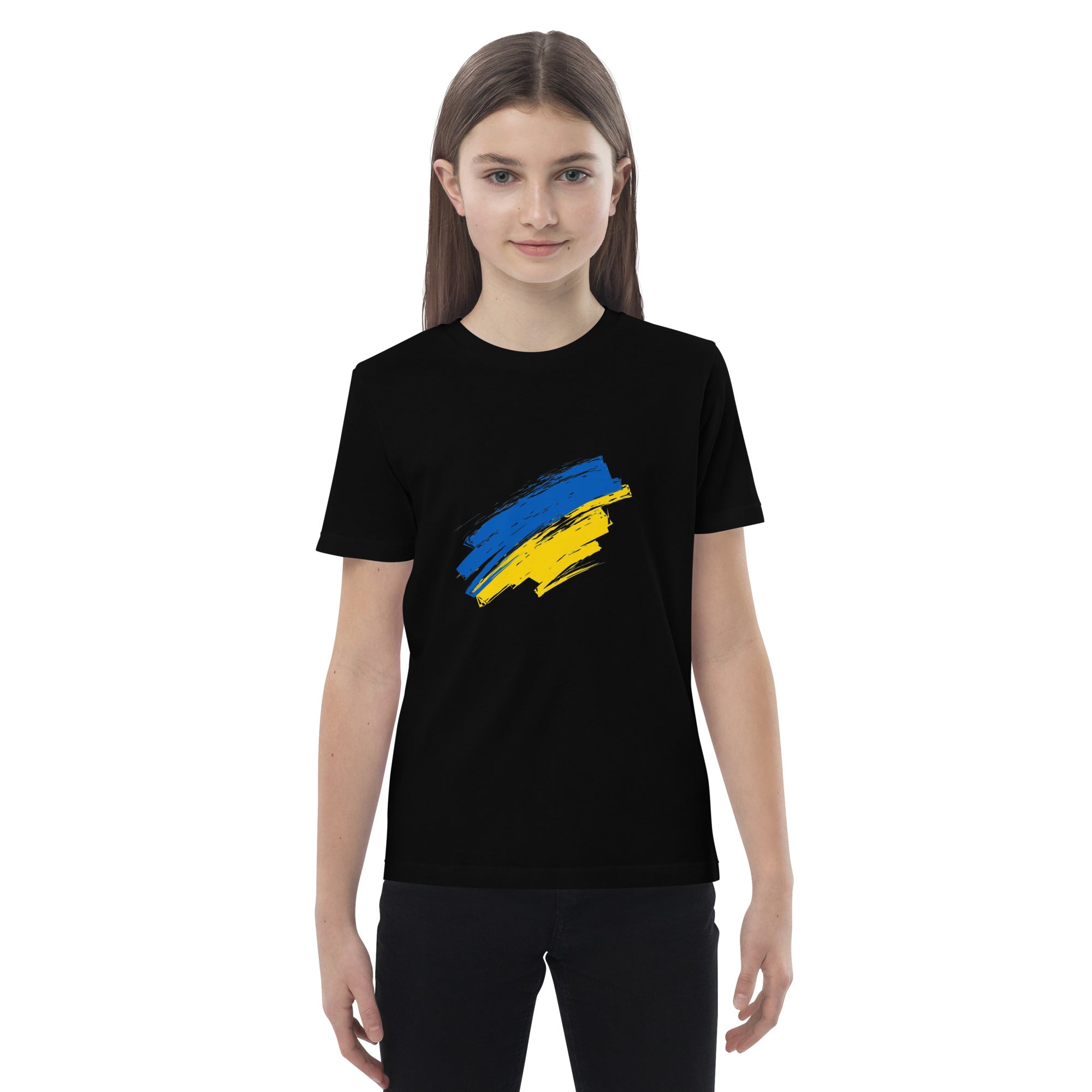 Child wearing black organic cotton t-shirt with Ukrainian flag design
