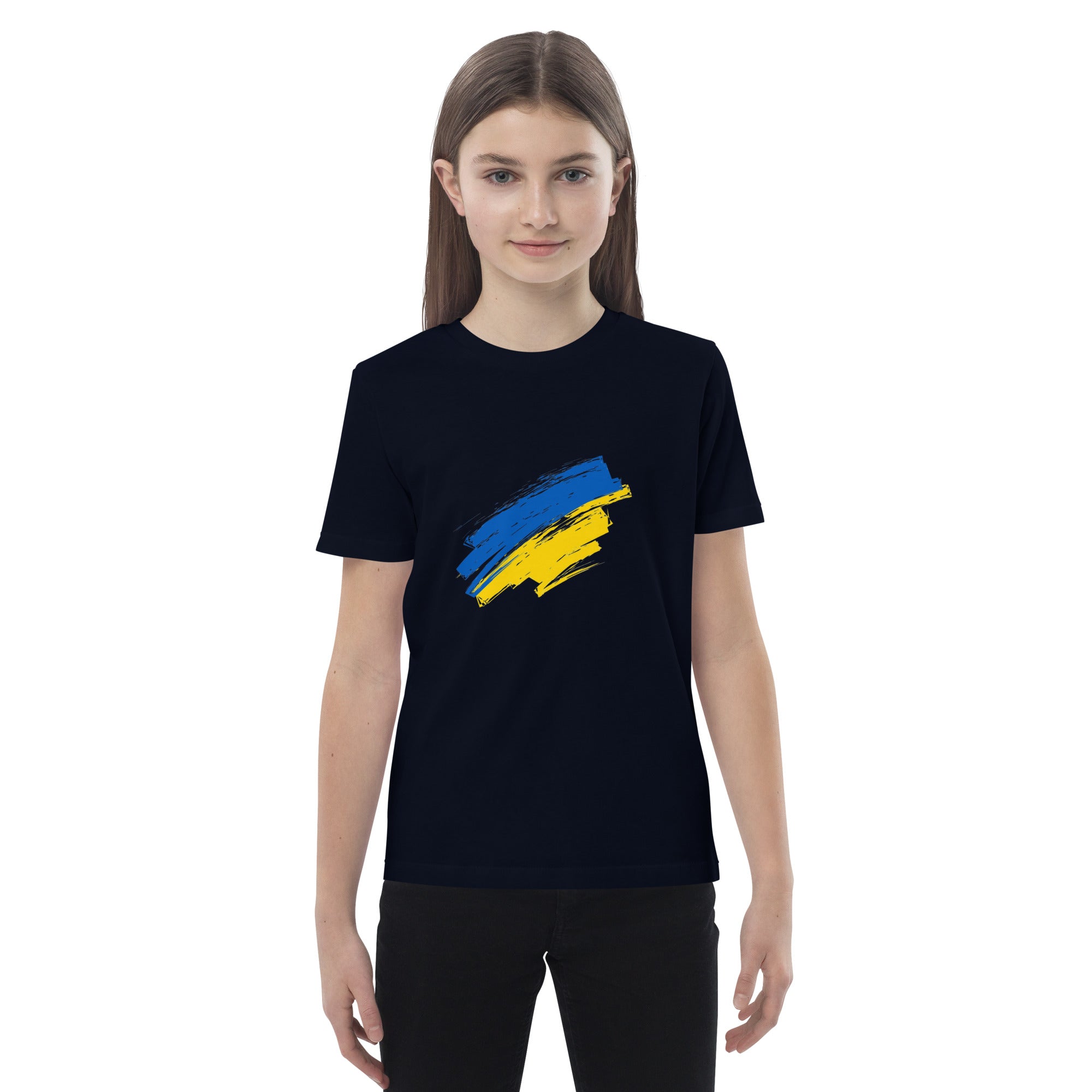 Organic cotton kids' t-shirt with Ukrainian flag design, worn by a child. Sustainable, breathable, and patriotic apparel choice.