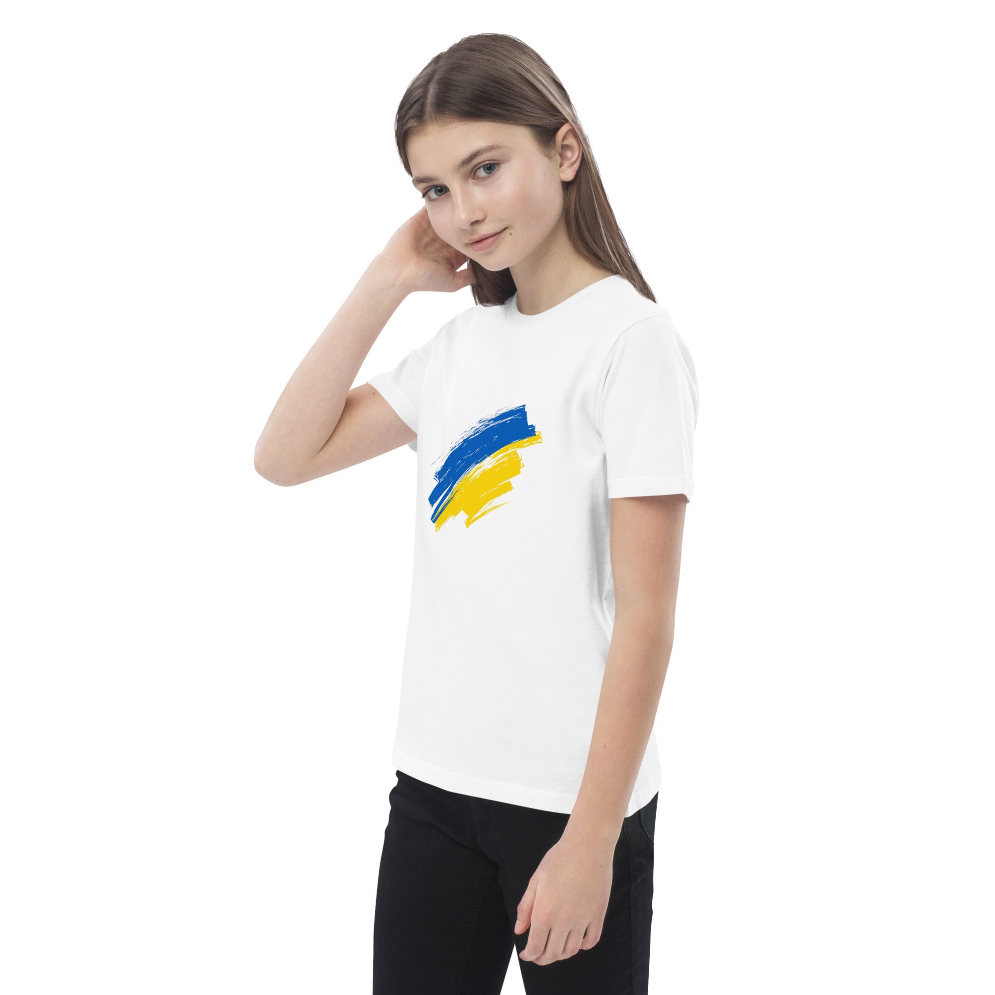 Girl wearing organic cotton kids' t-shirt with Ukrainian flag design