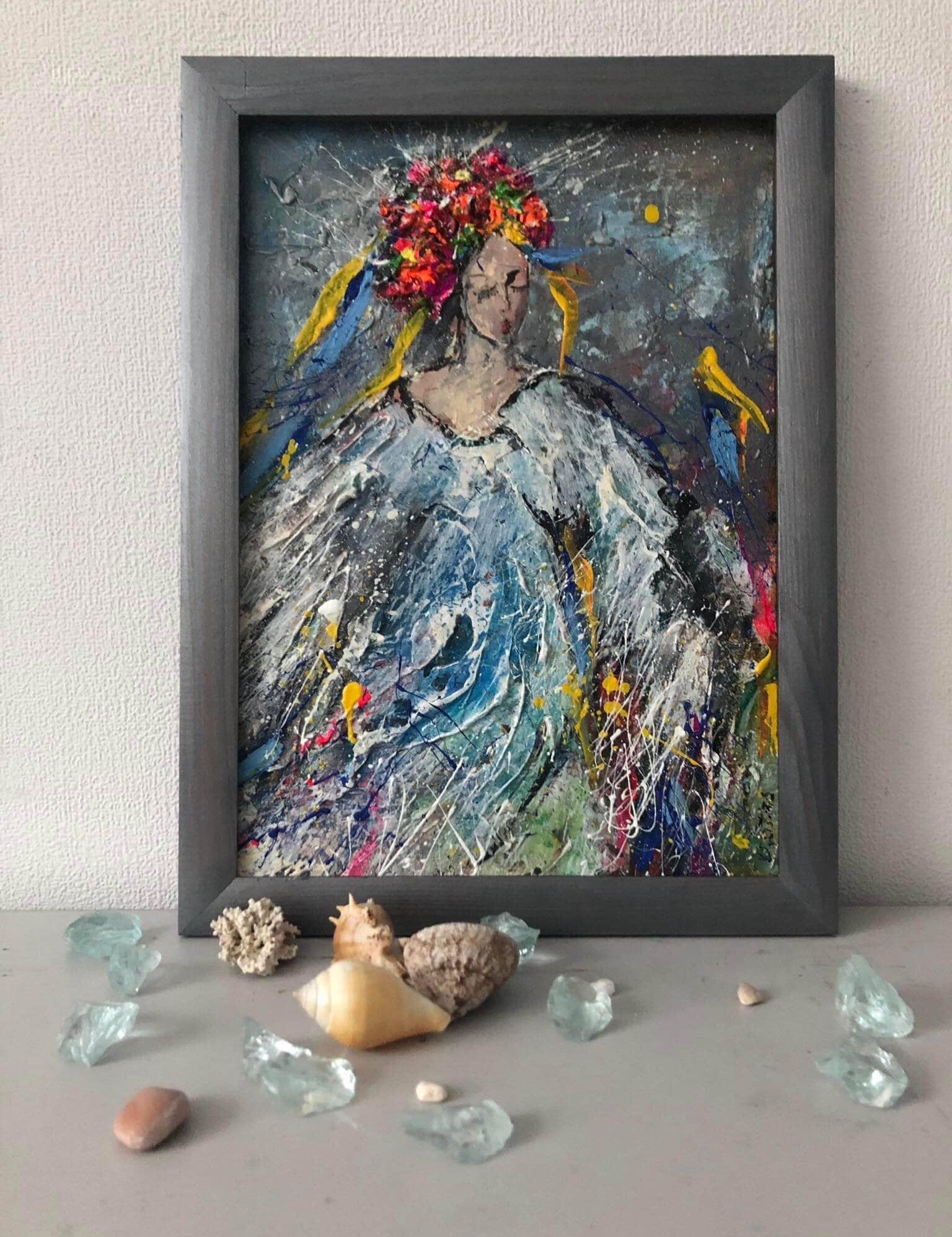 Original folk art painting of Ukrainian girl in ethnic wreath, textured acrylic on canvas, vibrant wall decor by artist Olha.
