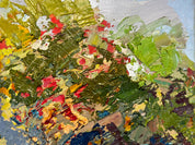 Colorful abstract landscape oil painting with green, red, and yellow brushstrokes on canvas.
