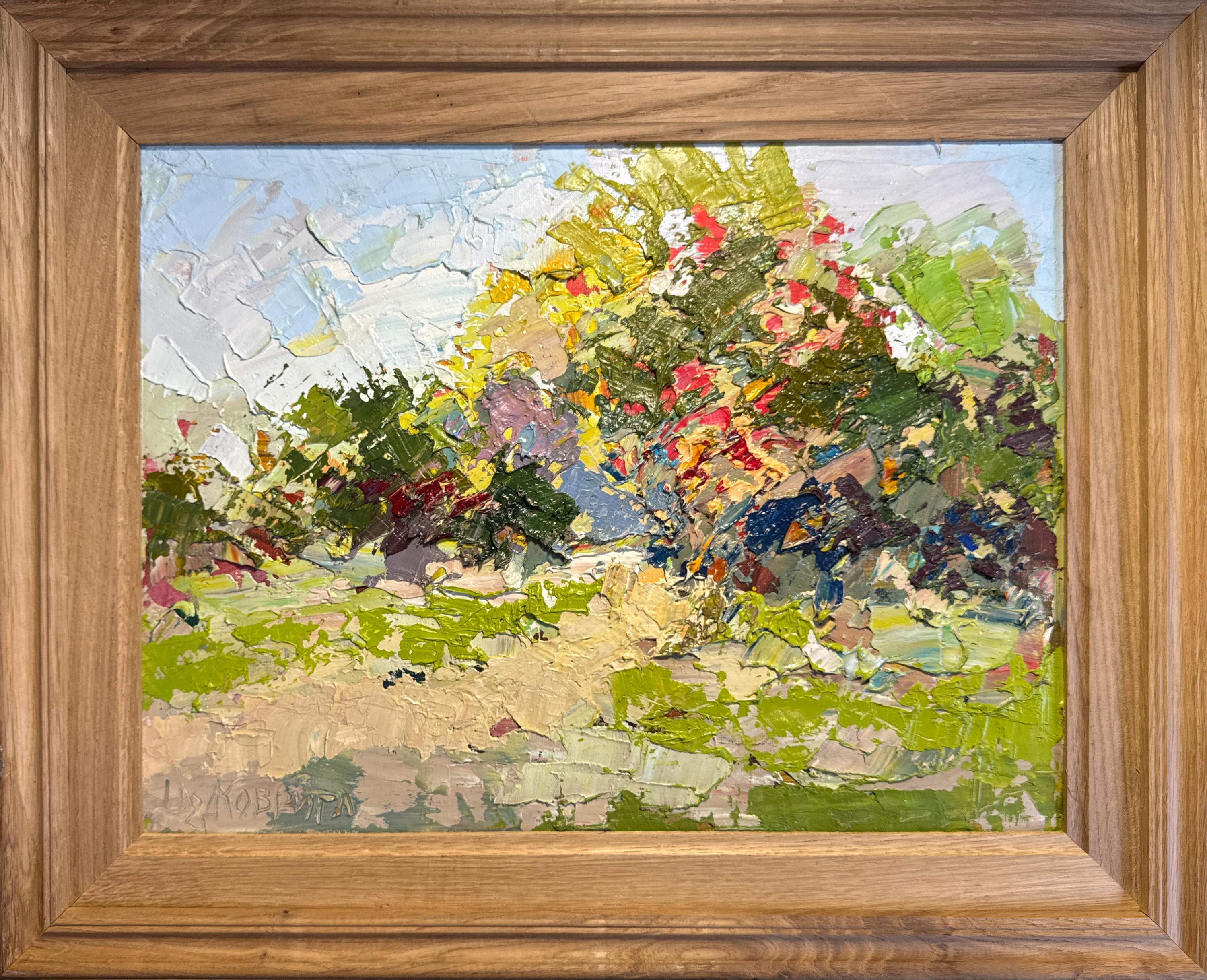 Framed original Ukrainian oil painting of a vibrant landscape by Leonid K.