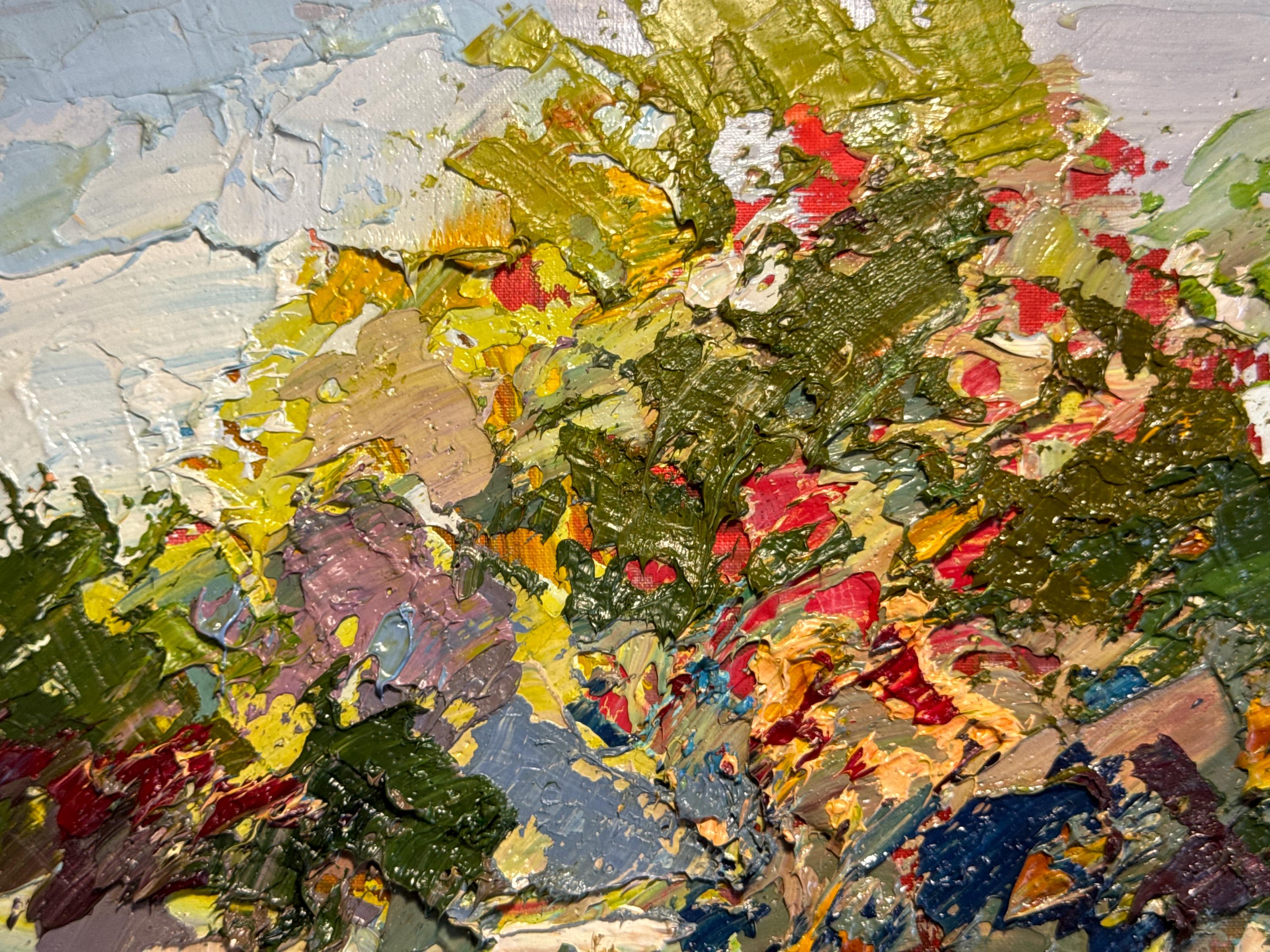 Close-up of a colorful oil painting of a Ukrainian landscape by artist Leonid K.