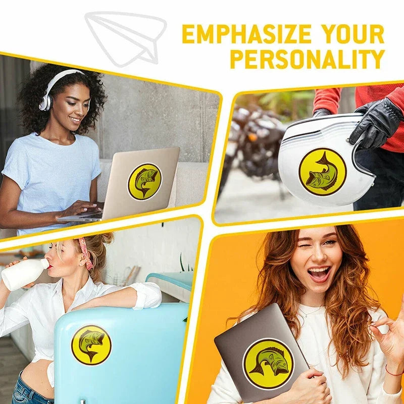 "Personalized sticker on laptop, helmet, and fridge emphasizing unique style and personality for diverse settings"