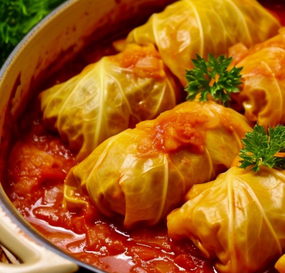 Authentic Ukrainian homemade stuffed cabbage rolls in tomato sauce, perfect for a hearty meal. Frozen holubtsi ready to serve.