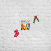 Ukrainian Transformer artwork poster on a white brick wall with Christmas decorations, featuring glossy and matte finishes.