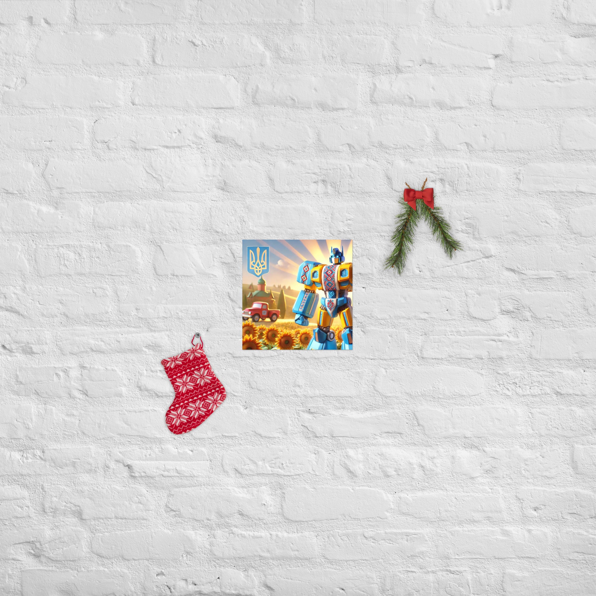 Ukrainian Transformer artwork poster on a white brick wall with Christmas decorations, featuring glossy and matte finishes.