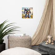 Ukrainian Transformer poster on wall in stylish room with plants and toys, featuring glossy and matte finish for a sophisticated look.