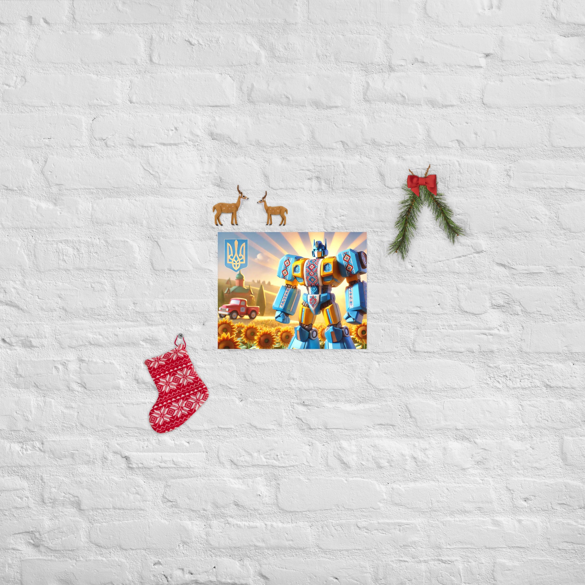 Ukrainian Transformer poster on white brick wall with decorative holiday elements, featuring bold colors and durable design