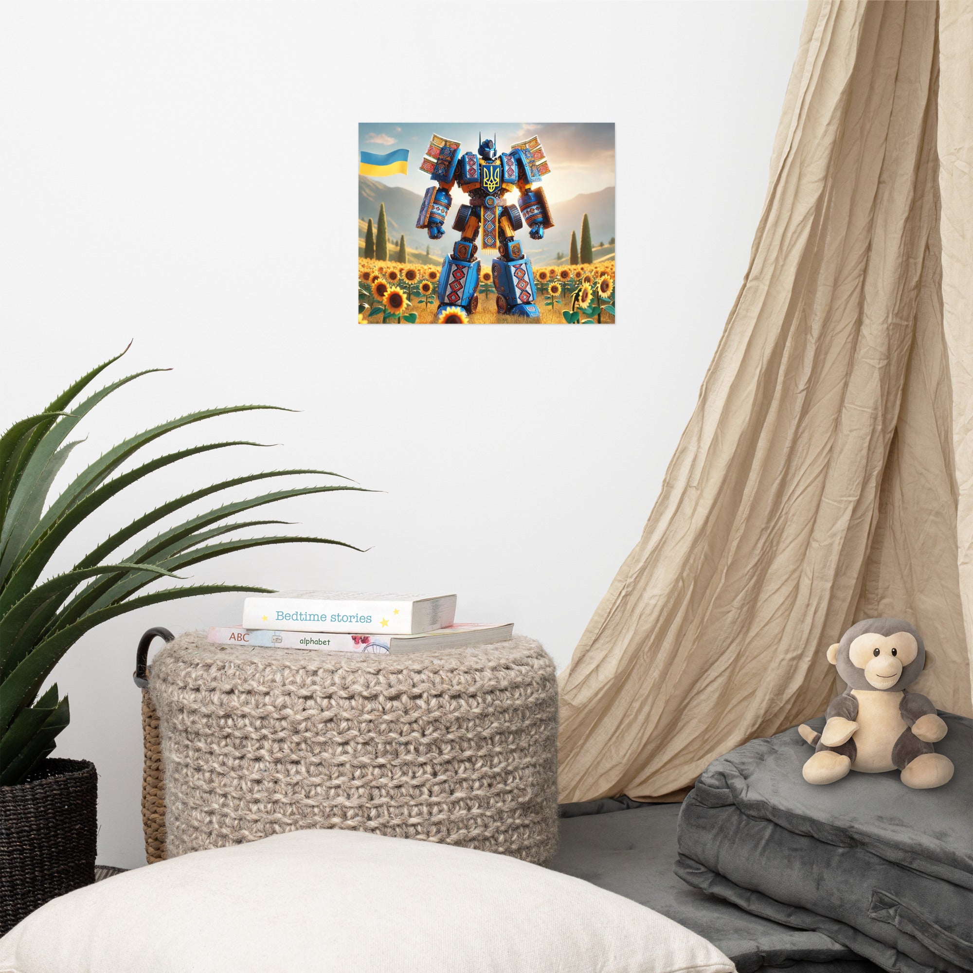 Ukrainian Transformer poster in stylish room with cozy decor, featuring glossy and matte finish for modern sophistication.