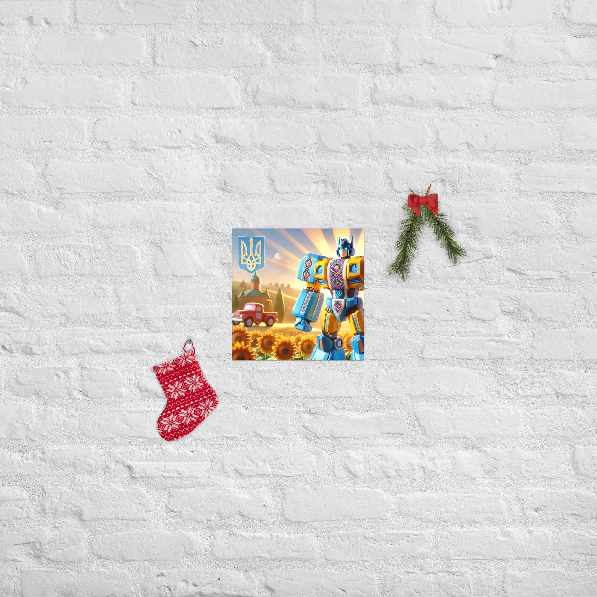 Ukrainian Transformer artwork poster on a white brick wall with festive holiday decorations.