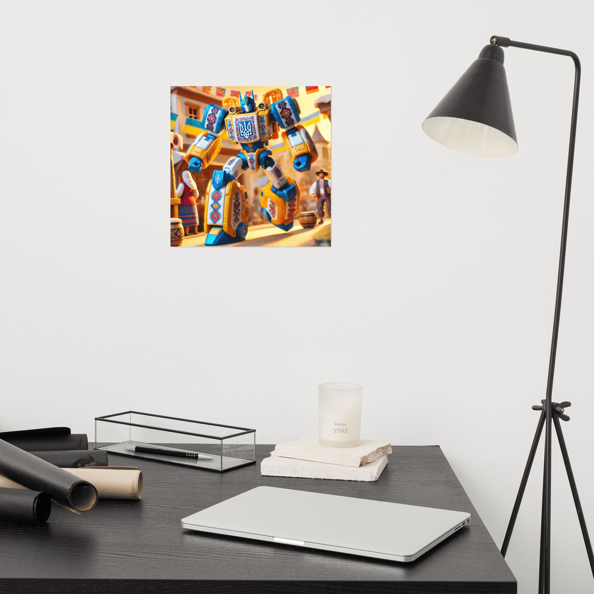 Ukrainian Transformer poster on the wall above a black desk with lamp and office supplies.