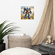 Ukrainian Transformer poster on wall in stylish room with decor, featuring durable paper and fingerprint-resistant surface.