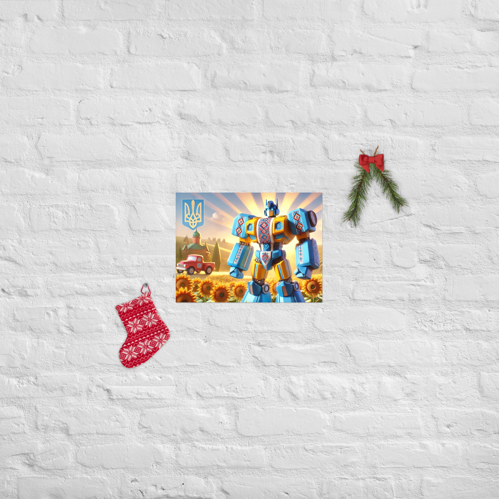 Ukrainian Transformer artwork poster on a white brick wall with holiday decorations, featuring a vibrant and durable design.