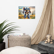 Ukrainian Transformer poster on wall with cozy room decor and sunflowers.