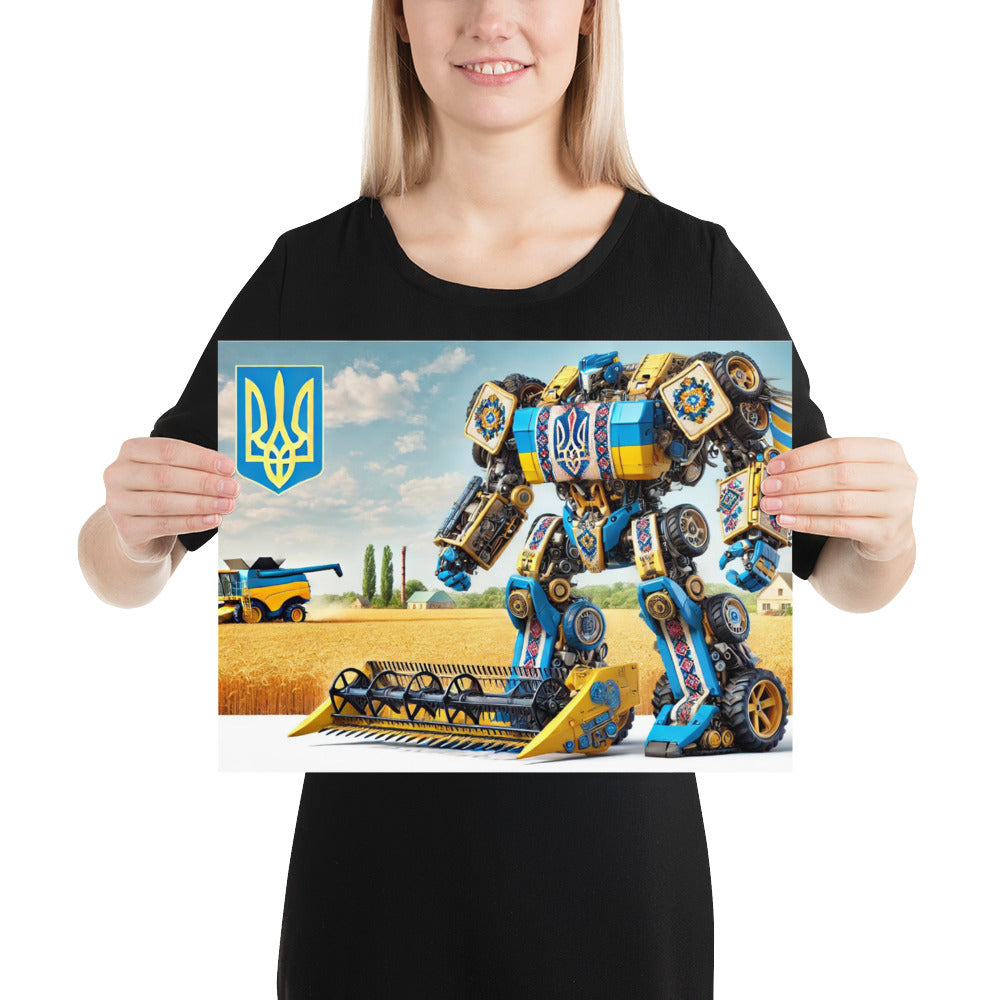 Person holding Ukrainian Transformer poster with bold design, glossy and matte finish, showcasing modern Ukrainian culture and style.