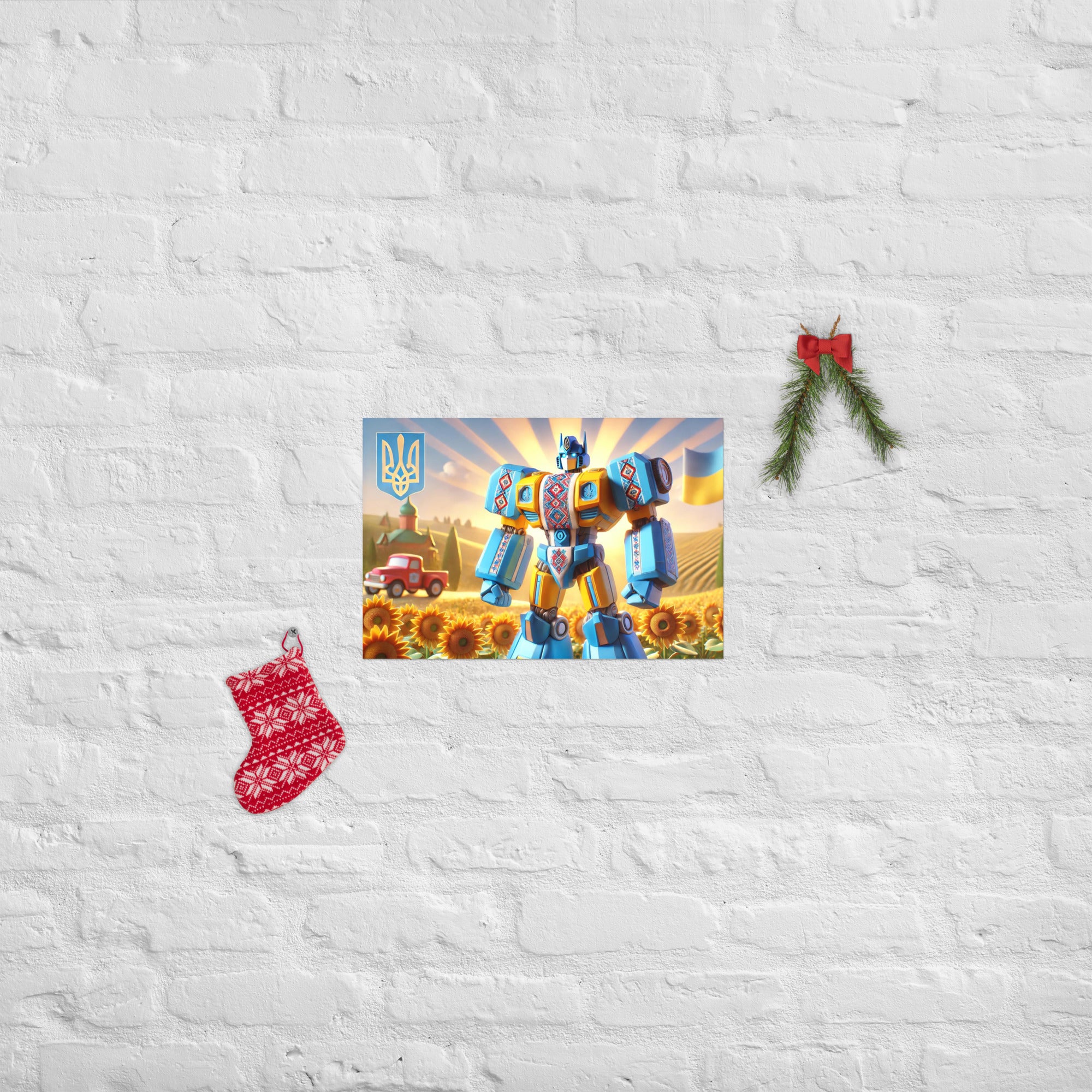 Ukrainian Transformer artwork poster on white brick wall with holiday decor, featuring vibrant colors and unique design.