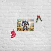 Ukrainian Transformer poster on white wall, featuring a dynamic robot design with Ukrainian flag, surrounded by holiday decor.