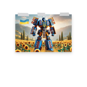 Ukrainian Transformer poster with sunflower field backdrop, featuring a dynamic design and Ukrainian flag in a glossy-matte finish.