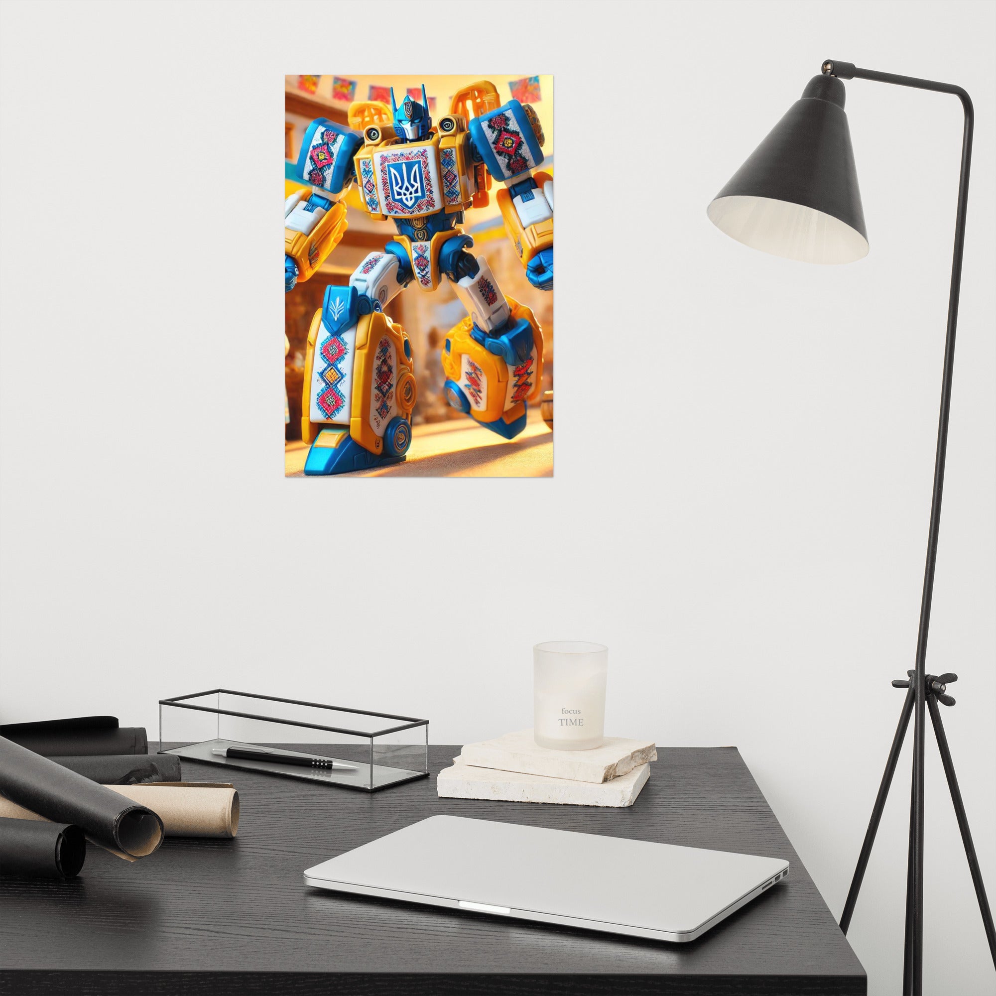 Ukrainian Transformer poster with vibrant design on a modern office wall, combining glossy and matte finishes for a sophisticated look.