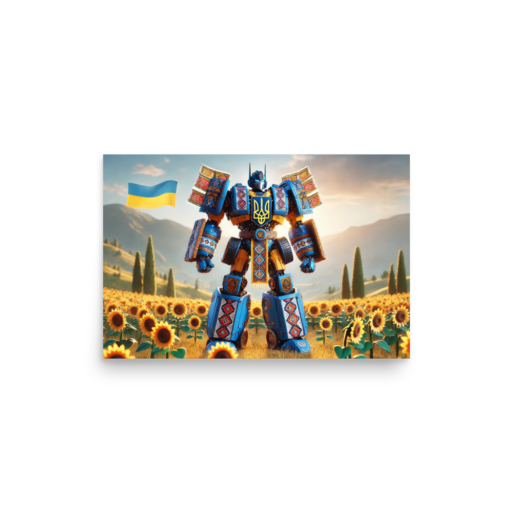 Ukrainian Transformer poster with vibrant colors, showcasing a robot in a sunflower field with a Ukrainian flag in the background.