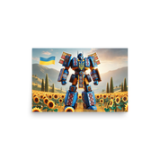Ukrainian Transformer poster with vibrant colors, showcasing a robot in a sunflower field with a Ukrainian flag in the background.