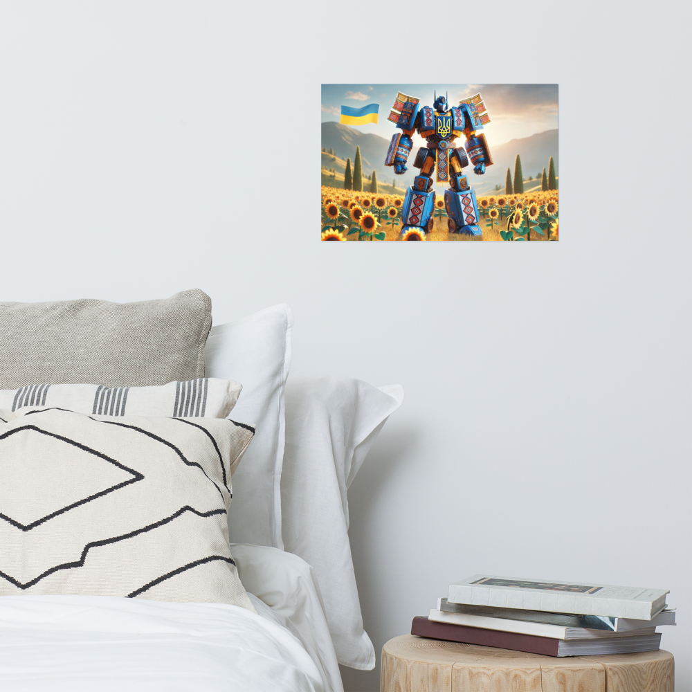 Ukrainian Transformer poster on a bedroom wall, featuring vibrant colors and a durable, fingerprint-resistant finish.