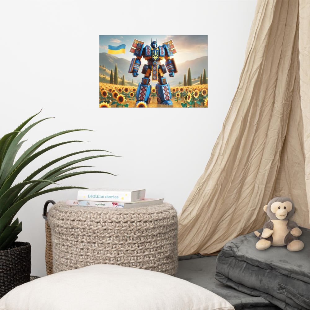 Ukrainian Transformer poster with sunflowers in cozy room setting, showcasing vibrant art and decor.