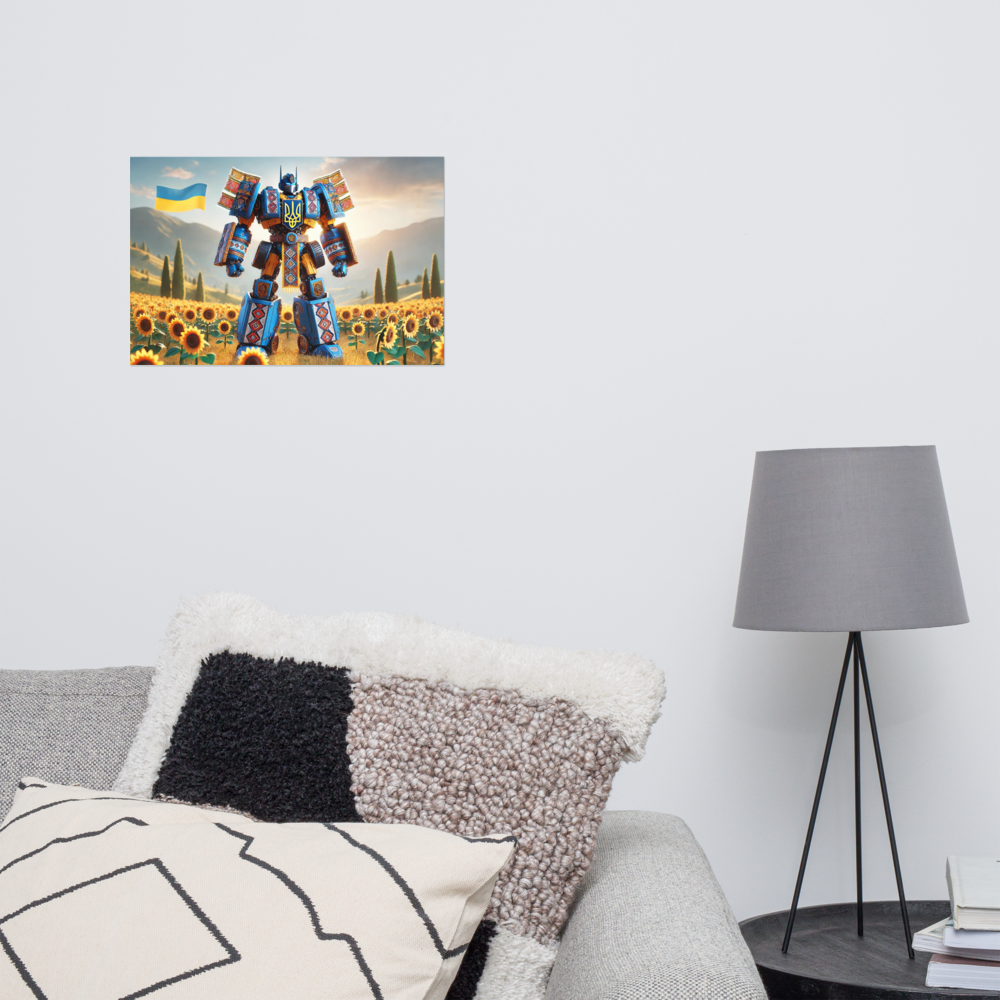 Ukrainian Transformer poster on wall above modern living room sofa and lamp, featuring sunflowers and a flag in the background.