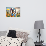 Ukrainian Transformer poster on wall above modern living room sofa and lamp, featuring sunflowers and a flag in the background.