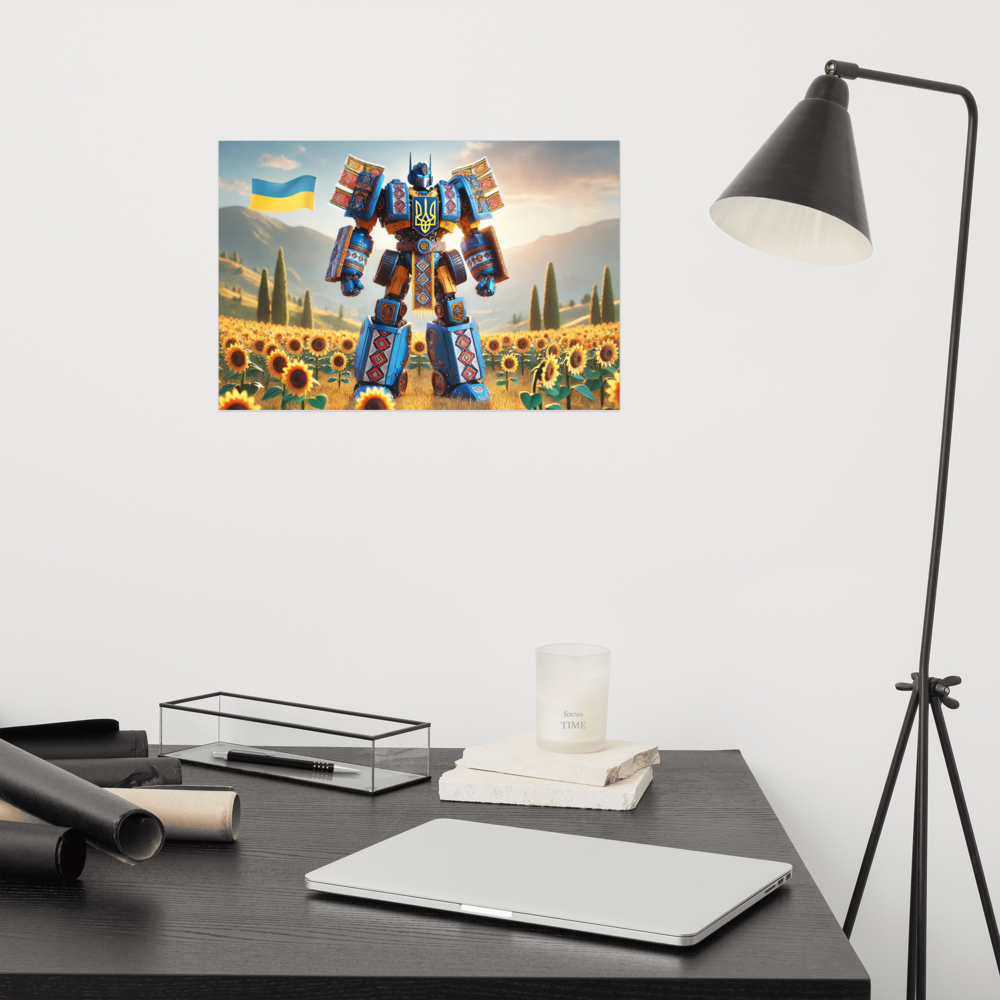 Ukrainian Transformer poster in office setting, featuring vibrant design with sunflowers and a sturdy 10 mil paper finish.