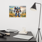 Ukrainian Transformer poster in office setting, featuring vibrant design with sunflowers and a sturdy 10 mil paper finish.