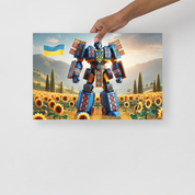 Ukrainian Transformer poster with flag, vibrant design in sunflower field, dynamic home decor artwork.