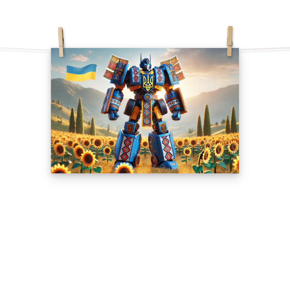 "Ukrainian Transformer poster with flag, featuring vibrant design in sunflower field, 10 mil thick, fingerprint-resistant finish"