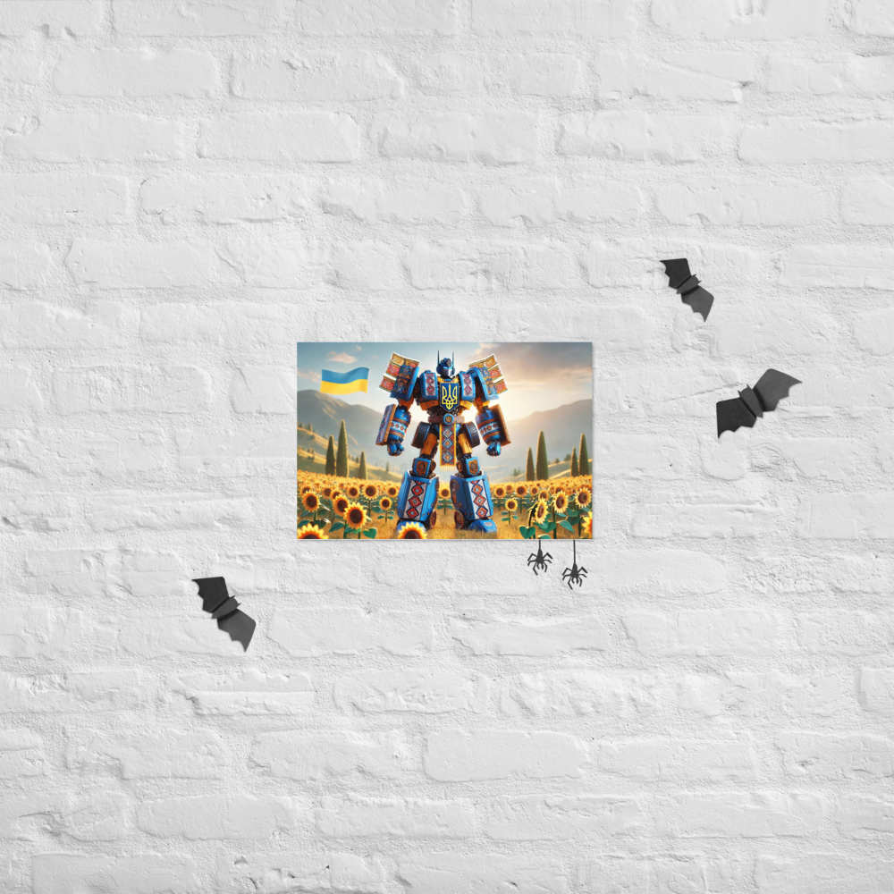 Ukrainian Transformer poster on brick wall with bats and sunflowers, partly glossy and matte finish.