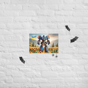 Ukrainian Transformer poster on brick wall with bats and sunflowers, partly glossy and matte finish.