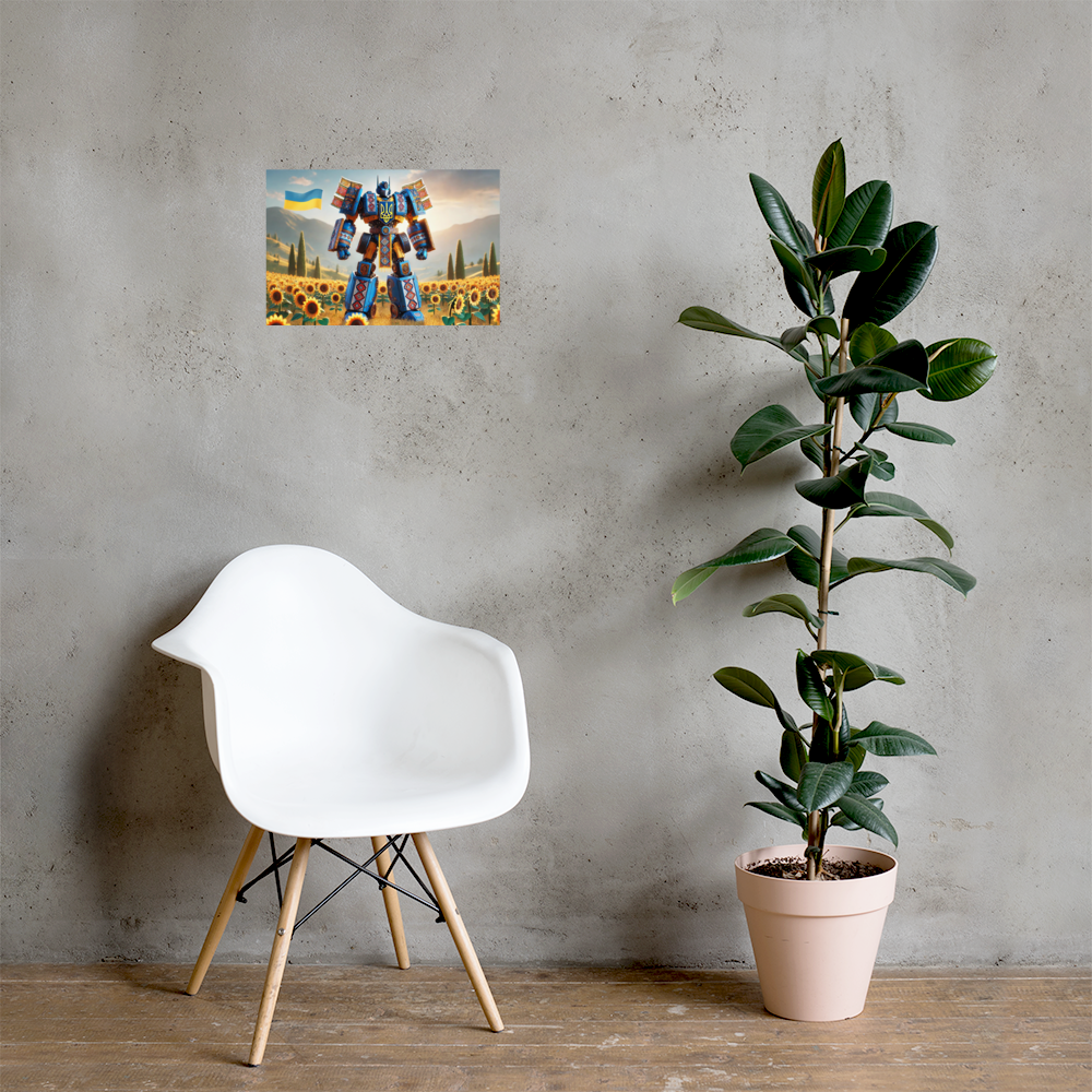 Ukrainian Transformer poster on wall, featuring vibrant sunflowers with a modern chair and plant nearby.