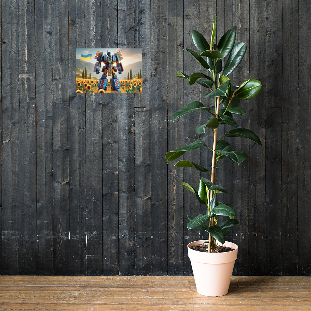 Ukrainian Transformer poster on dark wooden wall with green plant