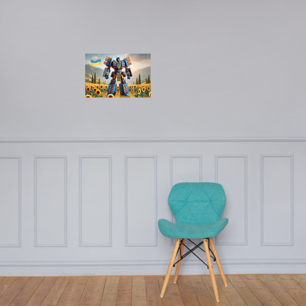 Ukrainian Transformer poster on wall with teal chair, sunflower field design, glossy-matte finish, modern home decor.