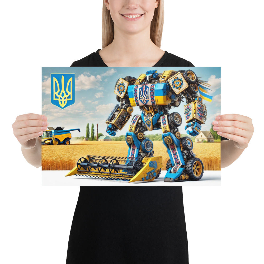 Woman holding Ukrainian Transformer poster with futuristic robot in yellow and blue, featuring the Ukrainian emblem in a field background.